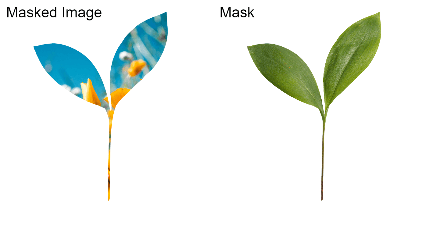 Two leaf sprigs side by side on a white background. The right sprig is labeled "Mask." The left sprig is labeled "Masked Image," and uses the shape of the right sprig to mask a photograph of tulips.