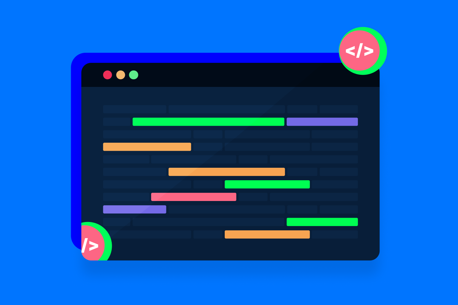 A graphic illustration of a code editor with colorful lines that suggest syntax highlighting code. Two floating circles resembling HTML tags surround the editor.