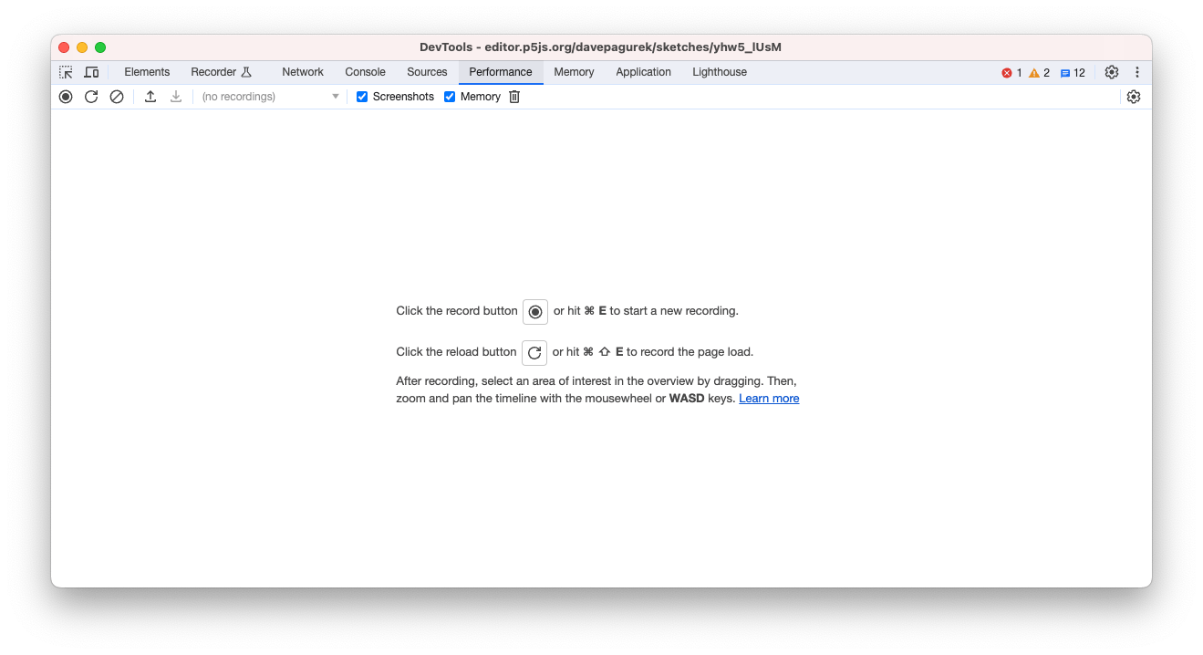 A screenshot of the Chrome developer tools. The Performance tab is selected. The window is mostly blank, with a message in the center that says, "Click the record button or hit Cmd E to start a new recording."