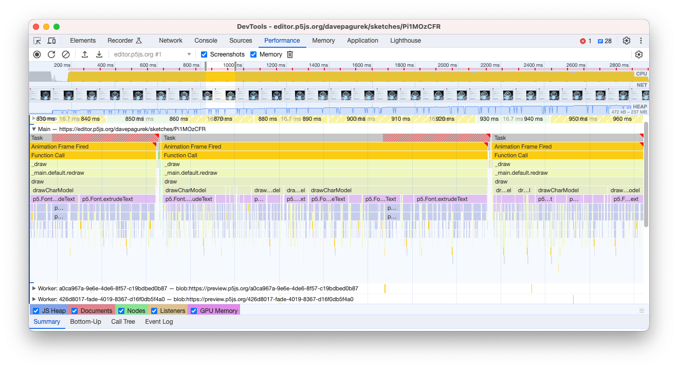 A screenshot of the Chrome developer tools after having recorded a sketch in the Performance tab, zoomed in on one frame of animation. The draw() function takes up the whole frame, and it is subdivided into the functions called by draw(), and the functions those functions call.