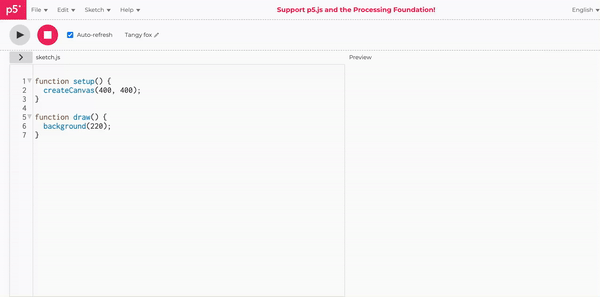 A dynamic GIF illustrating how to create a folder on the p5.js web editor. You open the files window on the top left by clicking the “>” icon, click the plus icon and select the “Create Folder" option.