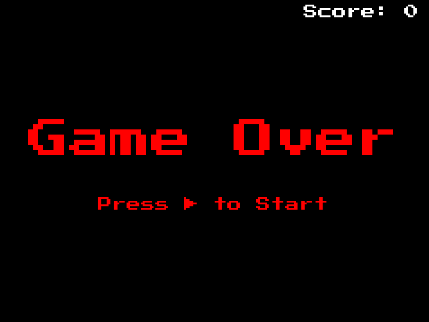 An image with a black background and a bold text “Game Over” centered on the image, below it is a smaller centered text “Press ▶ to start”. Both texts are colored red and in the retro gaming font PressStart2P-Regular. On the top right is the text “Score: 0”, colored white and in the retro gaming font PressStart2P-Regular. 