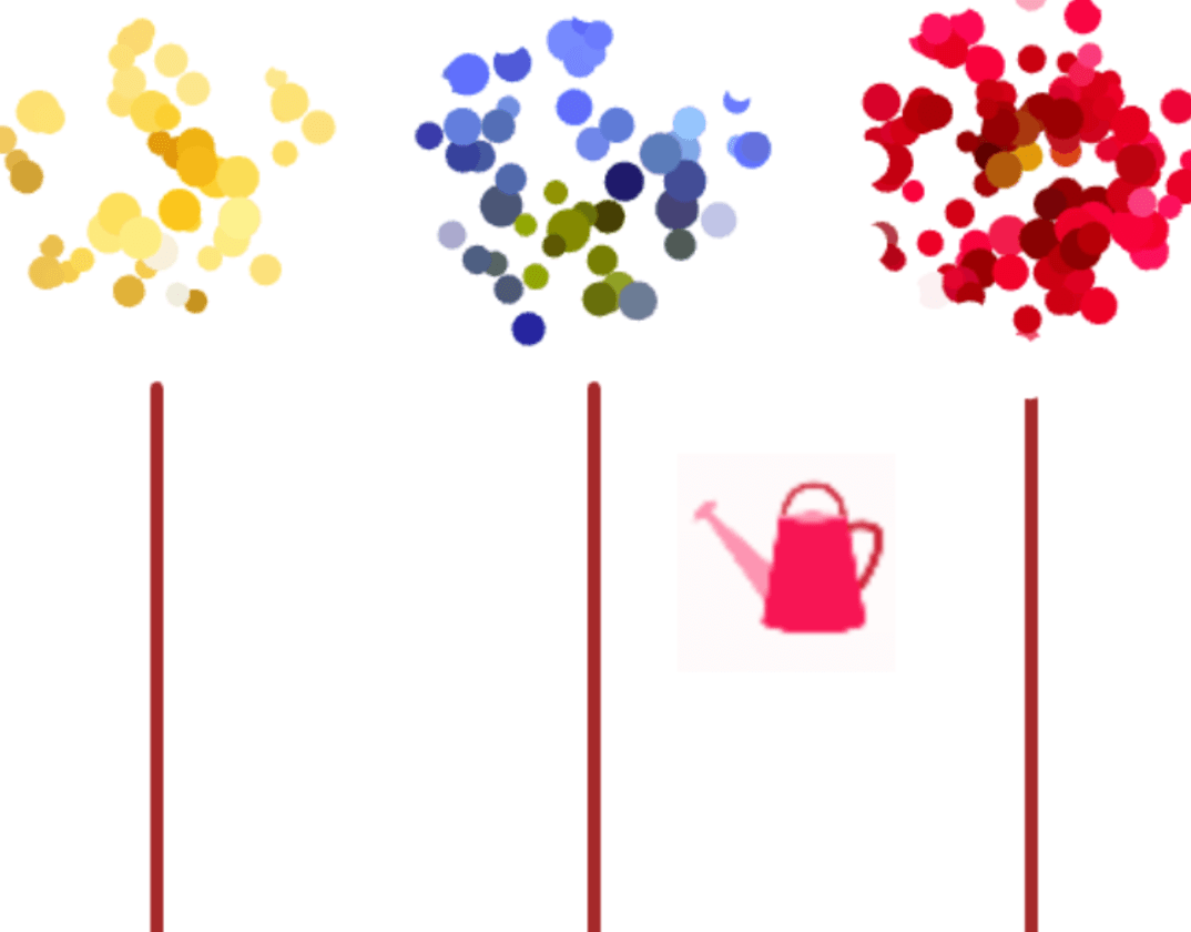 A still frame from an animation of three flowers with petals illustrated using pointillism, three solid stems, and a watering pot.