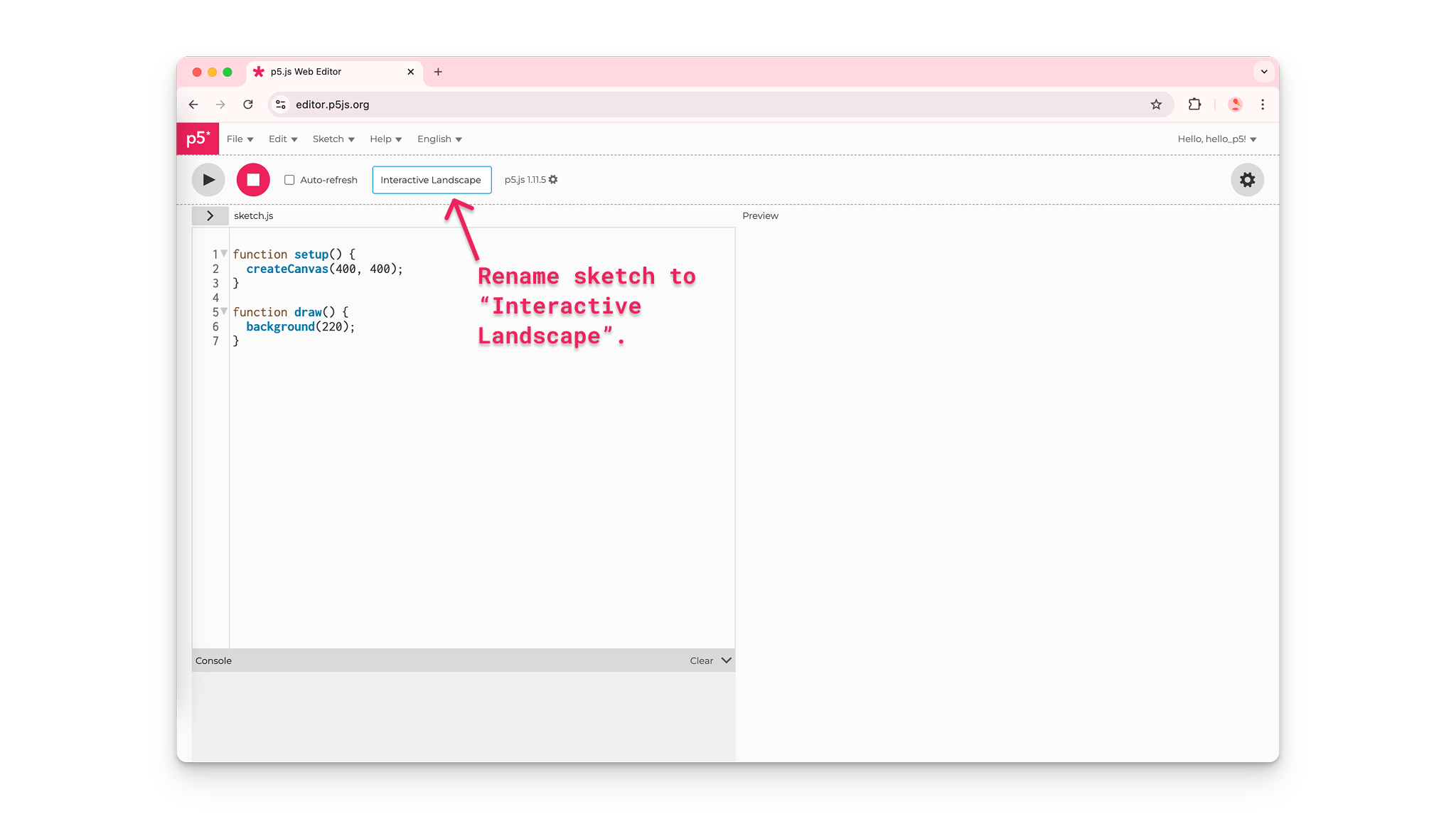 A user on the p5.js Web Editor names a new project “Interactive Landscape”.