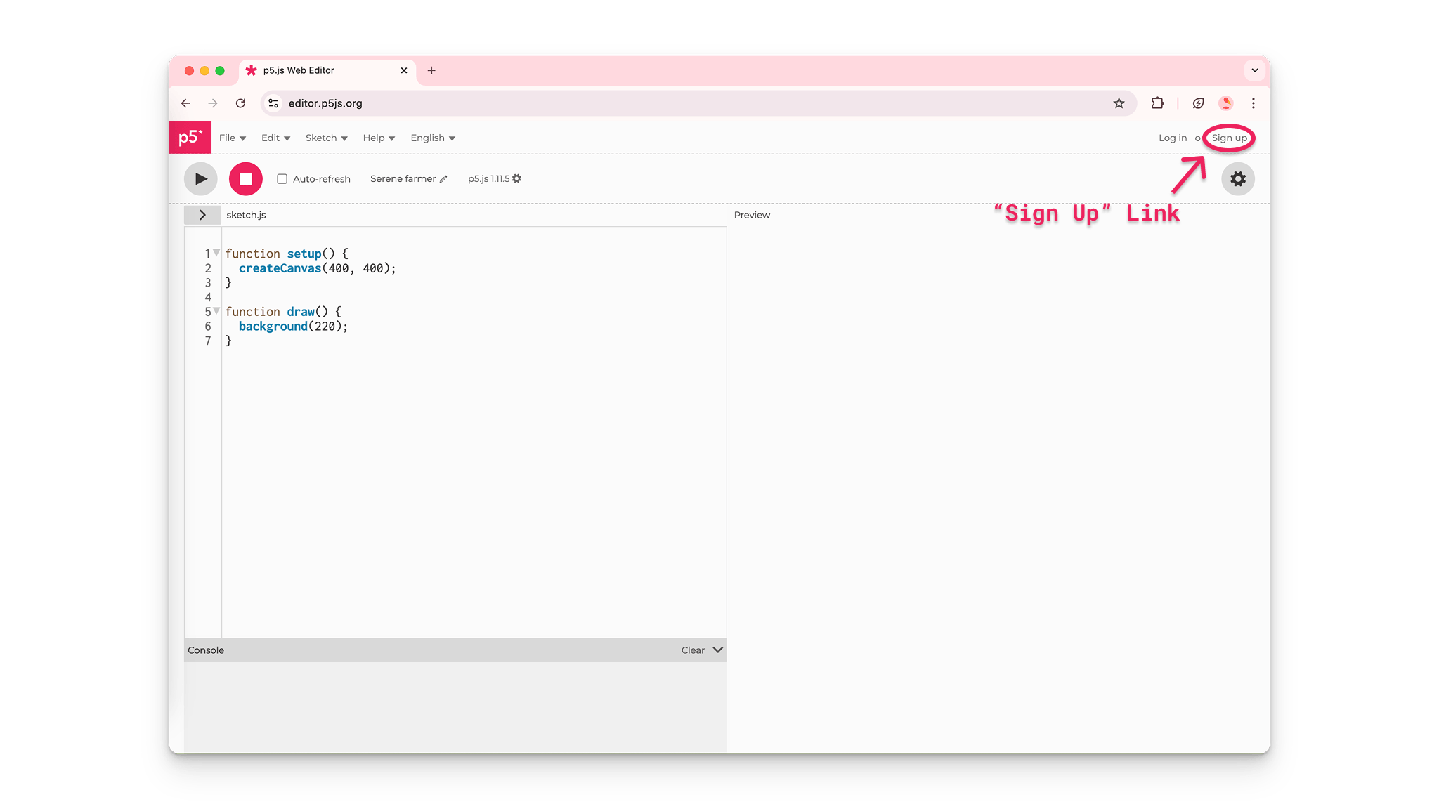 An arrow to the “Sign Up” link.