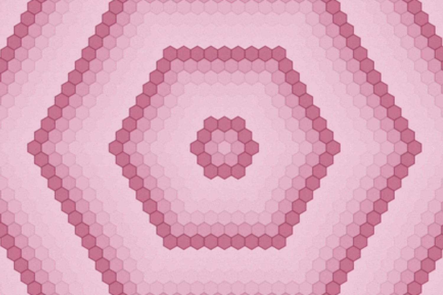 A hexagonal grid with pink rings eminating from the center. Each pink ring is followed by pink rings of a lighter color